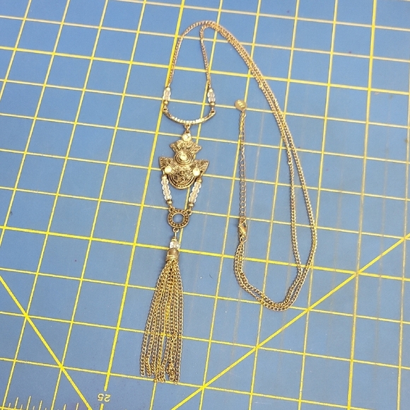 Felt's Fun Finds Jewelry - Vintage Antique Gold Tone Rhinestone Beads Tassel 30" + 3" Extension Necklace